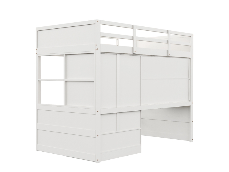  Lit mezzanine enfant 200×90 cm avec bureau, armoire et tiroirs, échelle, en bois blanc et couleur bois  - Conforama E