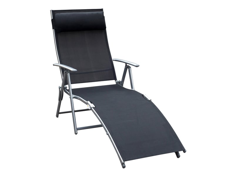  Bain de soleil pliable noir en métal et textilène, dossier réglable 5 positions avec coussin pour terrasse  - Conforama A