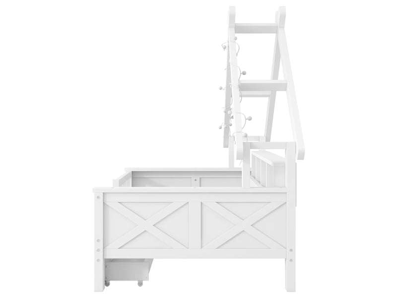 Lit cabane enfant 200×90 cm avec éclairage led, 2 tiroirs, étagères et barrière, en bois et mdf blanc - Conforama E