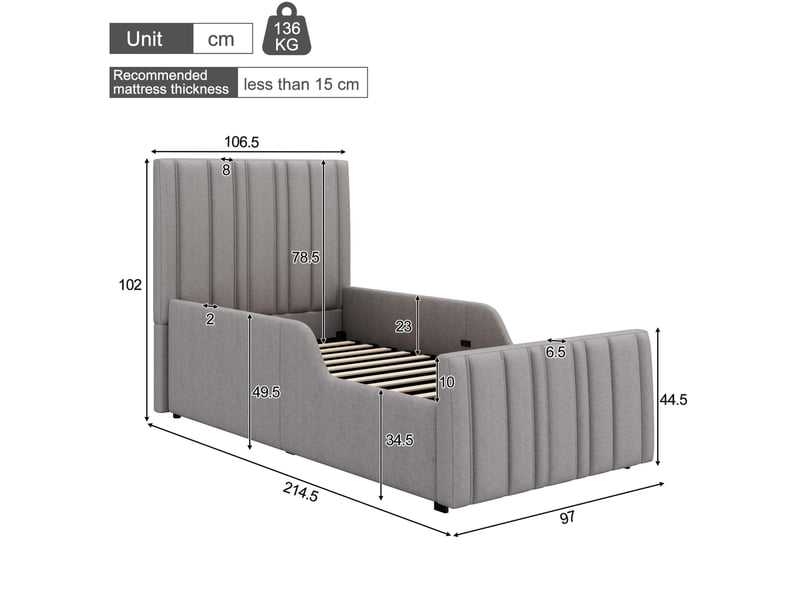  Lit coffre modenvie 90 x 200 cm en lin gris avec sommier et tête de lit capitonnée  - Conforama C