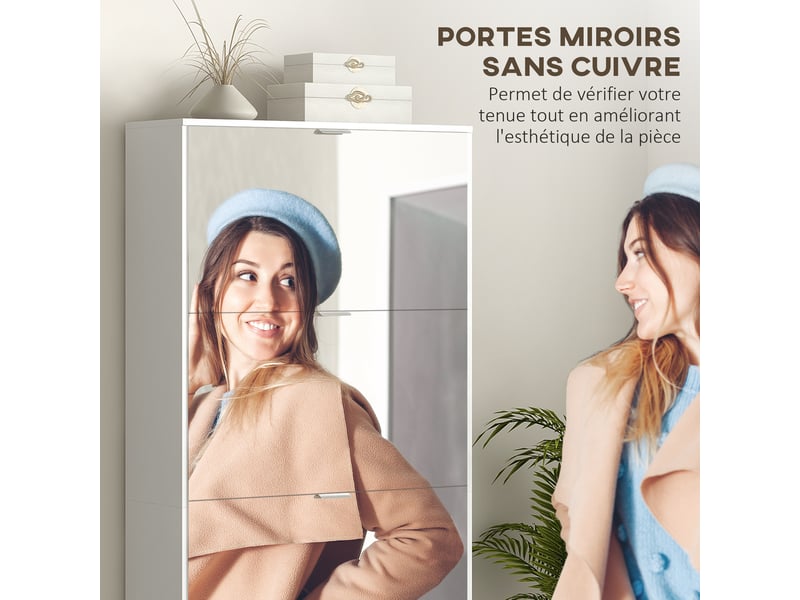  Meuble à chaussures 2 en 1 avec façades miroir et 4 portes abattants étagères réglables pour 24 paires dimensions 76 x 26 x 168 cm  - Conforama E