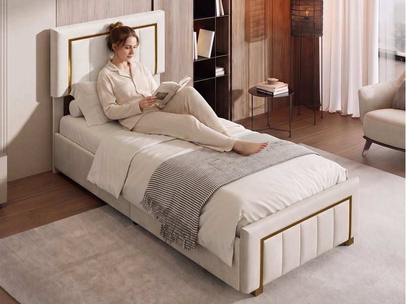 Lit simple coffre 90x200 cm, lit simple rembourré avec rangement, lit coffre hydraulique - sommier à lattes - sans matelas - capacité de charge 250 kg - velours beige - Conforama B