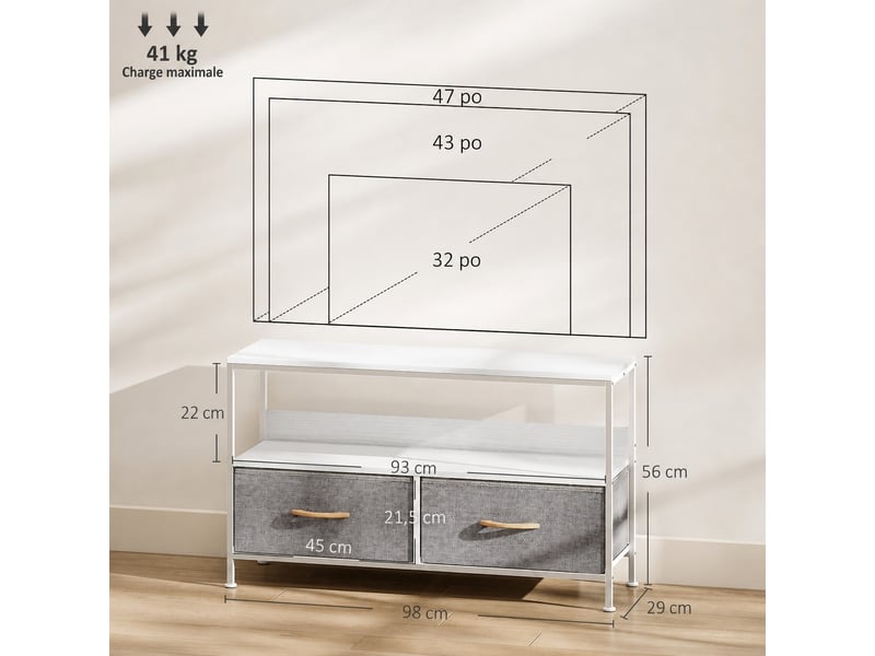  Meuble tv jusqu'à 47 pouces, 2 tiroirs pliables, niche ouverte, pieds réglables, gris clair, 98 x 29 x 56 cm  - Conforama C