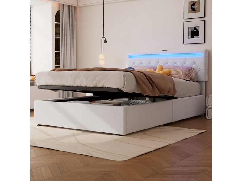  Lit plat capitonné 140x200 cm - tête de lit led réglable, usb, rangement, blanc  - Conforama B