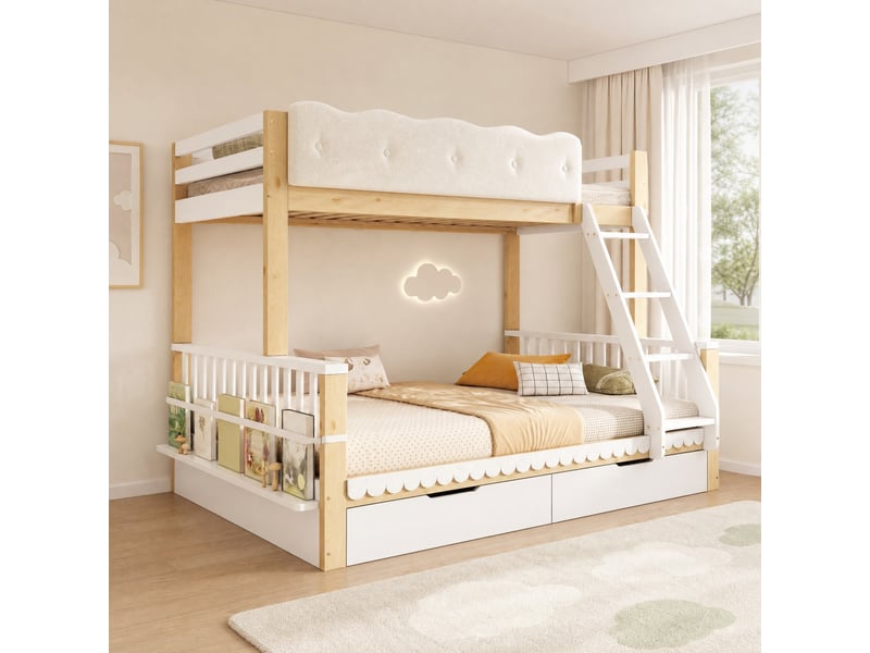  Lit superposé 90x200+140x200 cm 2 tiroirs et porte revues en bois blanc et chêne  - Conforama D