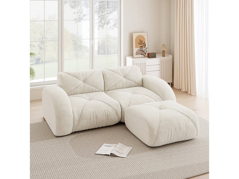  Canapé modulaire 2 places avec pouf, assise en mousse haute densité et tissu chenille beige clair  - Conforama D