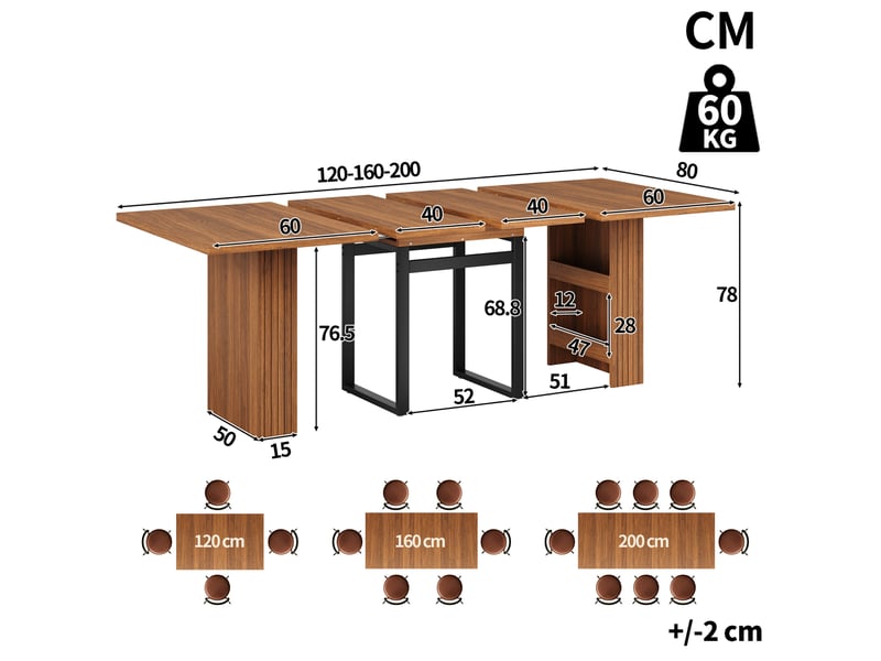  Table à manger extensible 120160200x80x78 cm, rangement intégré, pieds métal noir, mdf, marron foncé  - Conforama C