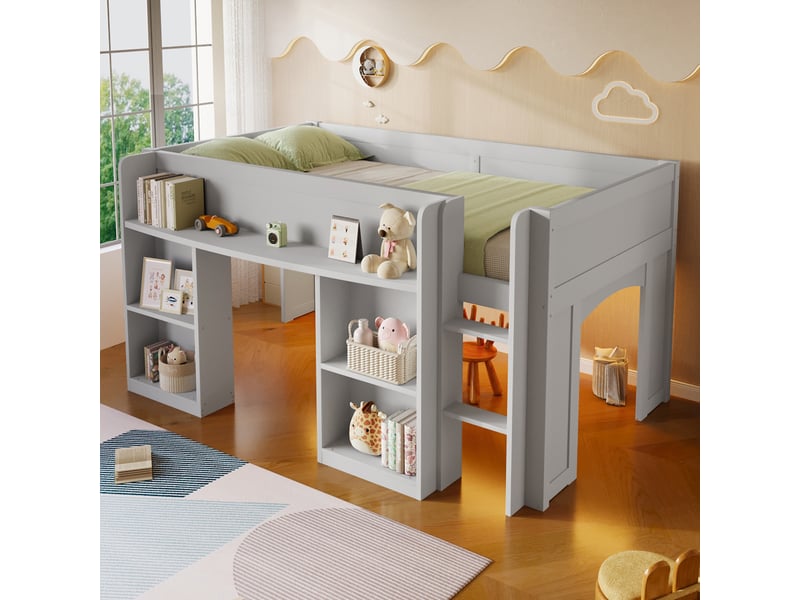  Lit mi-hauteur enfant 90x200cm, bibliothèque intégrée, étagères ouvertes, led multicolore, espace de jeu, mdf et pin - gris  - Conforama B
