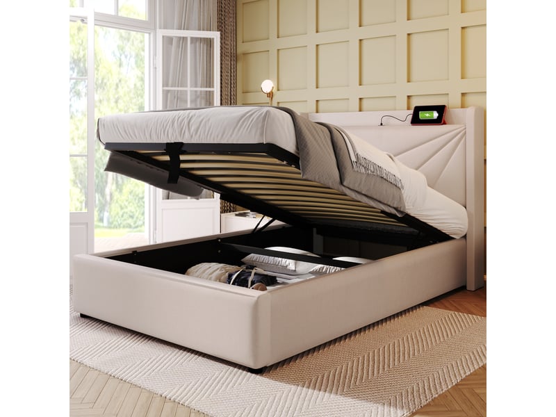  Lit simple rembourré 90x200 avec tête rangeante, usb type-c, coffre, lattes et matelas, beige  - Conforama E