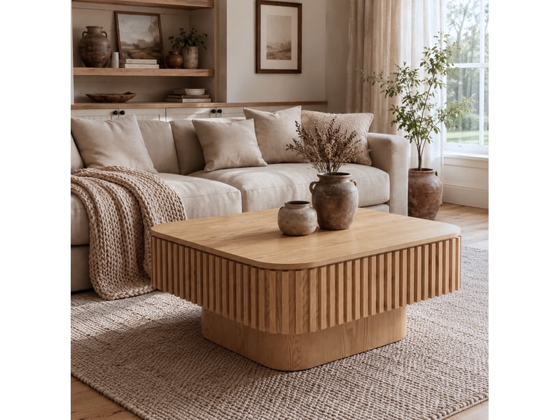  Table basse carrée avec couvercle amovible et rangement caché finition cannelée en bois pour salon 75 × 75 × 35 cm  - Conforama B