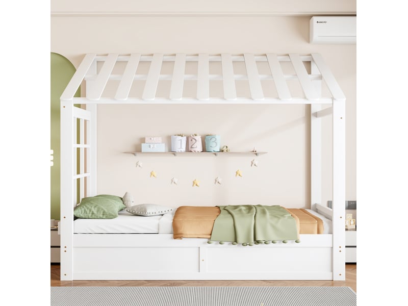  Lit enfant style maison de campagne 90 x 200 cm avec toit, fenêtre, rangement hydraulique et niches latérales blanc  - Conforama B