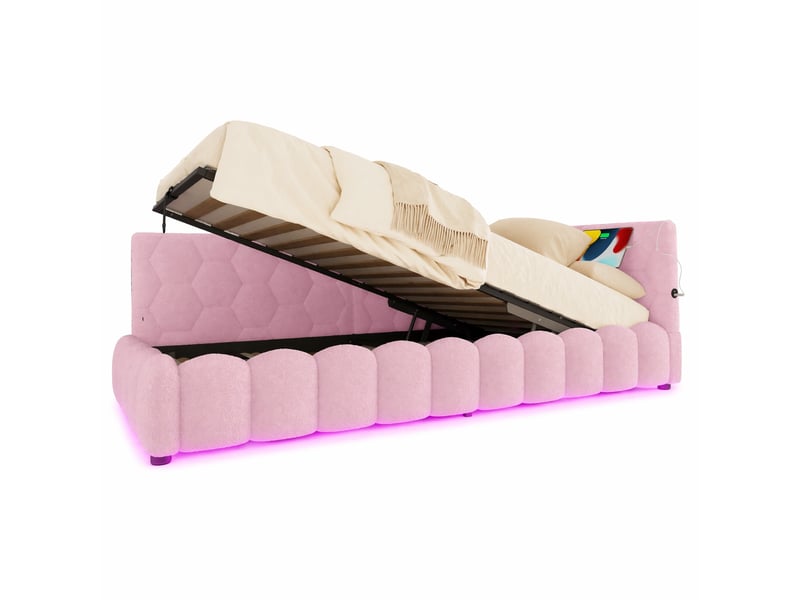  Méridienne lit de repos avec rangement hydraulique, sommier à lattes, éclairage et ports usb, en velours blanc et rose  - Conforama A