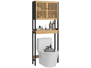 Meuble au-dessus des toilettes en bambou et mdf, 2 portes à lattes, 60 x 21,5 x 172 cm