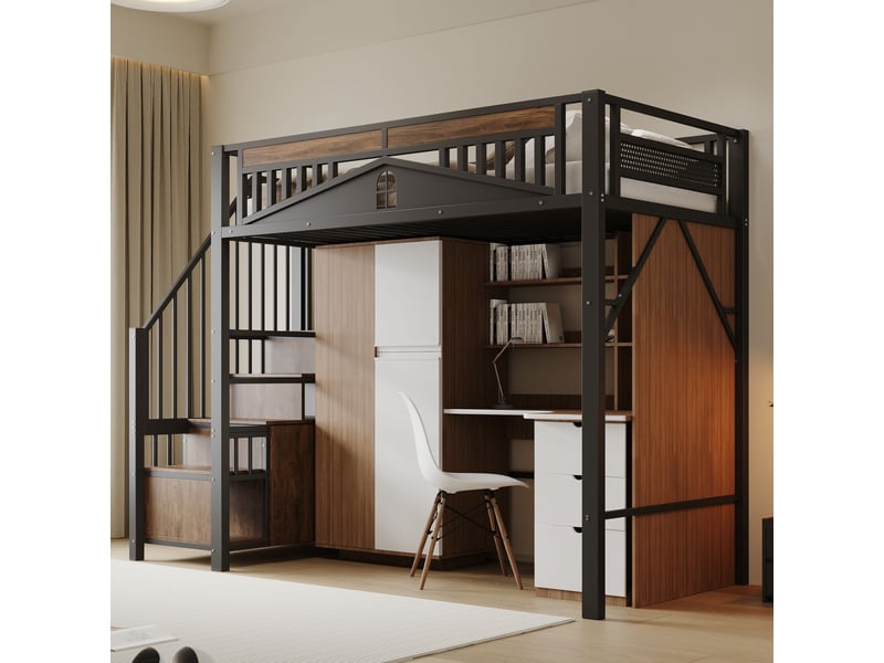  Lit mezzanine noir 90x200cm avec escalier rangement, bureau, sécurité renforcée, confort durable - fer et mdf - pour enfant ado  - Conforama B