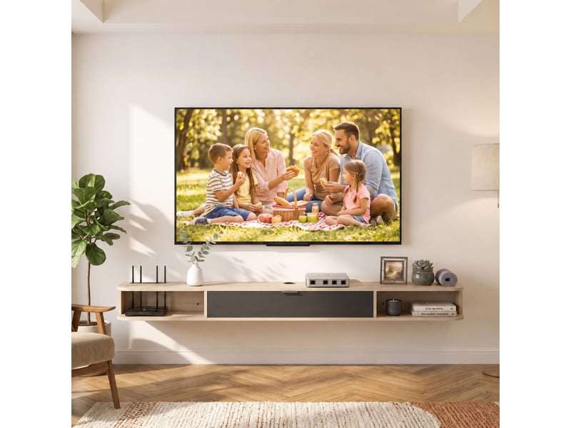  Meuble tv suspendu pour téléviseur jusqu'à 75 pouces, abattant, 2 niches, effet bois naturel, 180 x 24 x 16 cm  - Conforama D