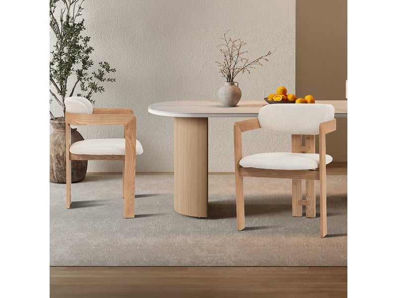  Lot de 2 chaises de repas en tissu beige pieds en chêne massif clair  - Conforama B