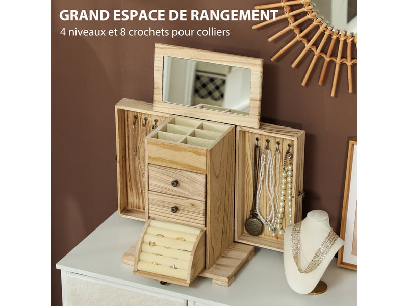  Boîte à bijoux 4 niveaux avec miroir et 2 tiroirs en bois marron 26,5 x 16 x 33,5 cm  - Conforama D