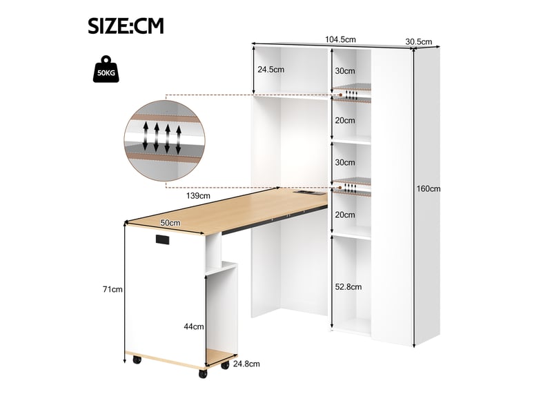  Bureau bibliothèque pliable 104,5x30,5x160 cm, angle droit avec prise usb, étagères réglables et anti-basculement, mdf, blanc OMNIGLINT TRADING LTD - Conforama C