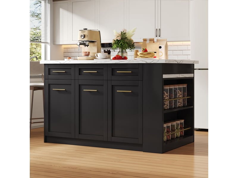  Îlot de cuisine avec table escamotable, îlot central noir et blanc en mdf, plateau effet marbre blanc, rangements intégrés, 150x90x90 cm  - Conforama W