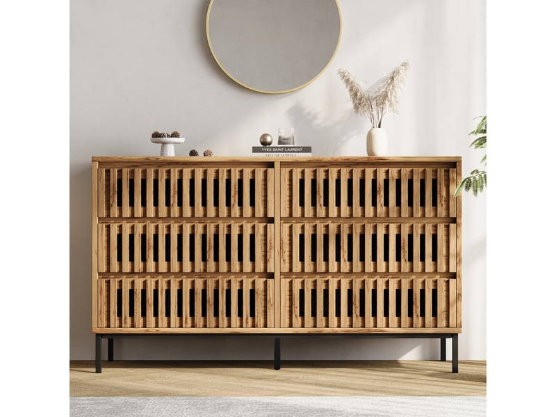  Commode 6 tiroirs - 120x40x81cm - buffet bas de rangement en bois effet lattes ajourées, pieds métal - chêne naturel  - Conforama C