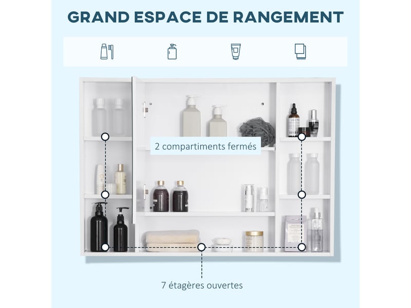 Armoire murale salle de bain avec miroir, meuble salle de bain, blanc, 7 étagères ouvertes et placard,100 x 15 x 70 cm - Conforama D
