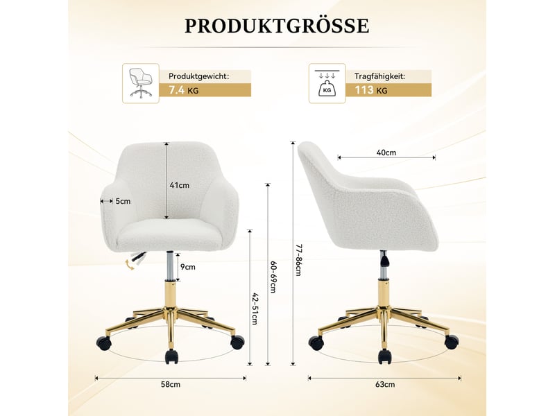  Fauteuil de bureau pivotant réglable 58x58x86 cm en tissu bouclette ivoire  - Conforama C