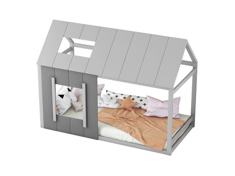 Lit enfant 90x200 cm en forme de maison avec toit et fenêtre gris  - Conforama A