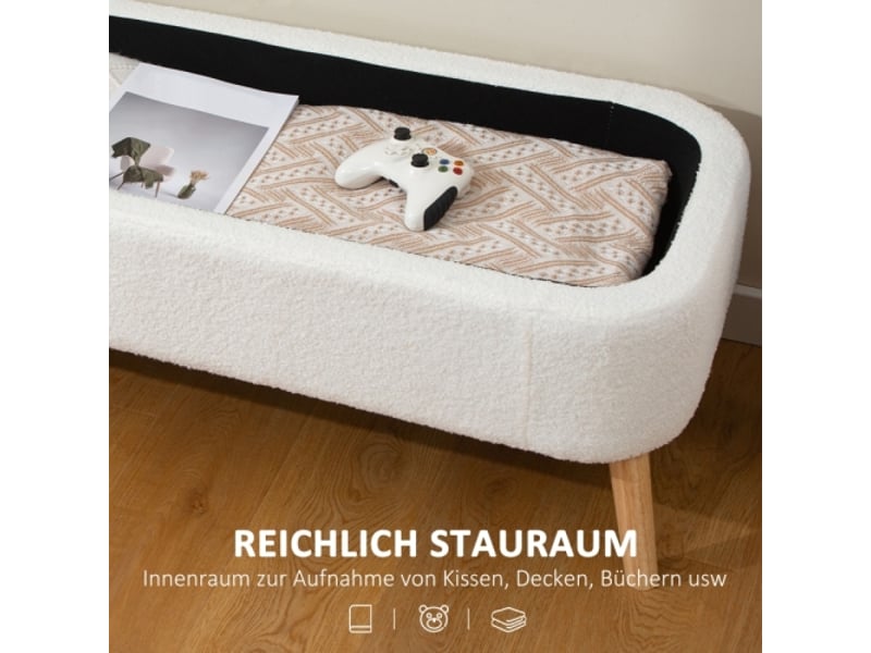  Pouf coffre crème 120x42x45 cm avec 65 l de rangement, tissu polaire, bois d’hévéa  - Conforama E