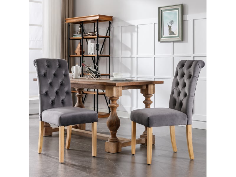  Lot de 4 chaises salle à manger 63x45x100 cm, velours gris, pieds en bois, haut dossier, clous chromés  - Conforama D