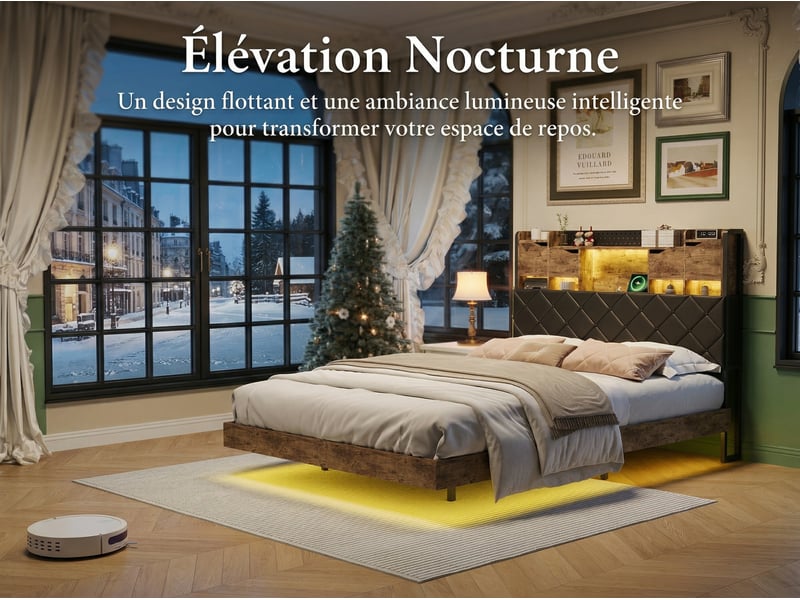  Lit 160x200 cm - led intégrée et rangement - tête de lit avec étagères - style industriel bois et métal - sommier inclus  - Conforama D