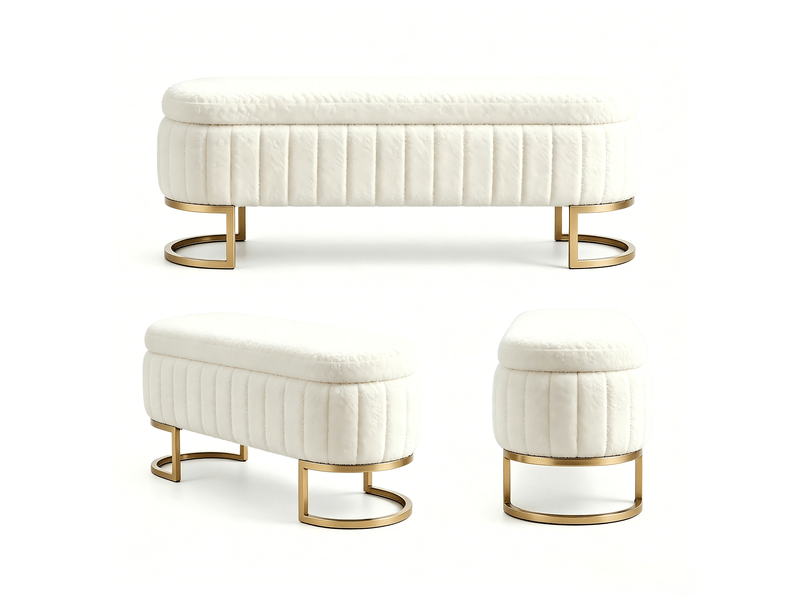  Banquette de lit en velours avec rangement 130 cm, pieds en métal doré, coffre pour chambre, entrée et salon  - Conforama E