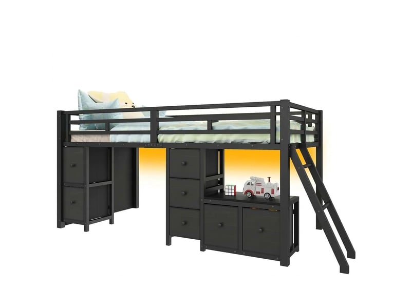  Lit mezzanine 90x200 avec 7 tiroirs, lit enfant avec led et espace de jeu, noir  - Conforama A