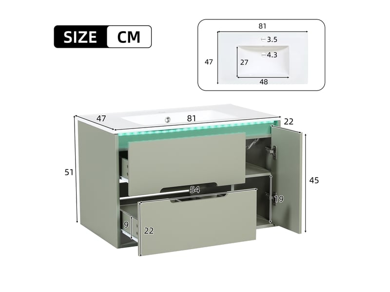  Meuble vasque mural vert 81 cm avec lavabo céramique, led, portes soft-close et étagères réglables  - Conforama C