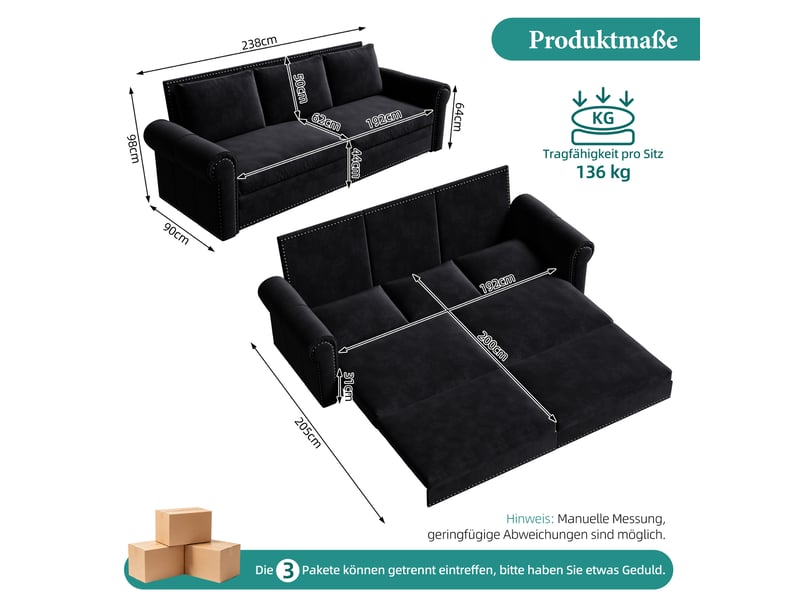  Canapé 3 places convertible en velours, 238 cm, noir, mécanisme coulissant 3-en-1, dossier réglable, accoudoirs roulés, montage requis  - Conforama C