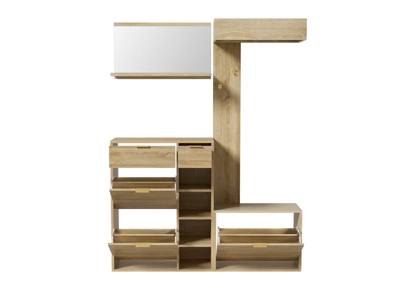  Ensemble d’entrée 4 pièces avec meuble à chaussures, banc, miroir mural  et porte-manteau, 130x30x174 cm, naturel  - Conforama D
