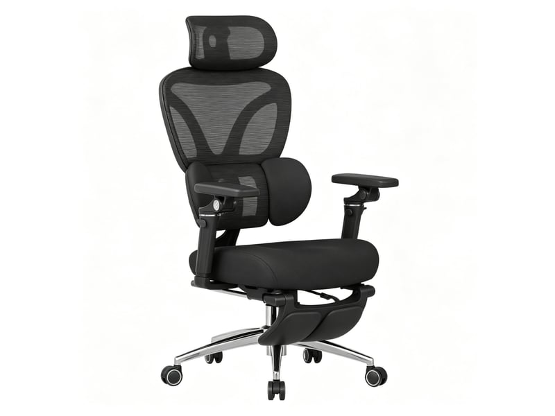 Chaise de bureau pivotante avec repose-pieds, appuie-tête et soutien lombaire réglables en maille noire - Conforama A