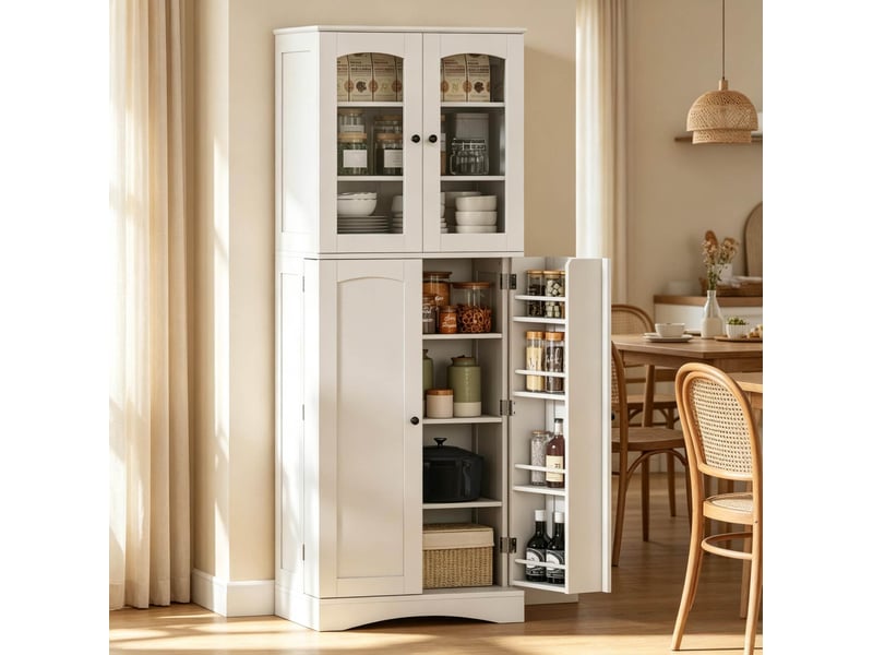  Buffet de cuisine blanche 60 x 40 x 162 cm avec vitrines en acrylique, étagères réglables  - Conforama E