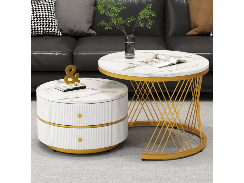  Tables basses gigognes rondes avec 2 tiroirs, finition brillante effet marbre, en mdf, blanc, pour salon  - Conforama B