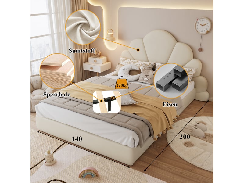  Lit double capitonné 140x200cm, tête pétales, velours beige, cadre moderne, style élégant et confortable  - Conforama D
