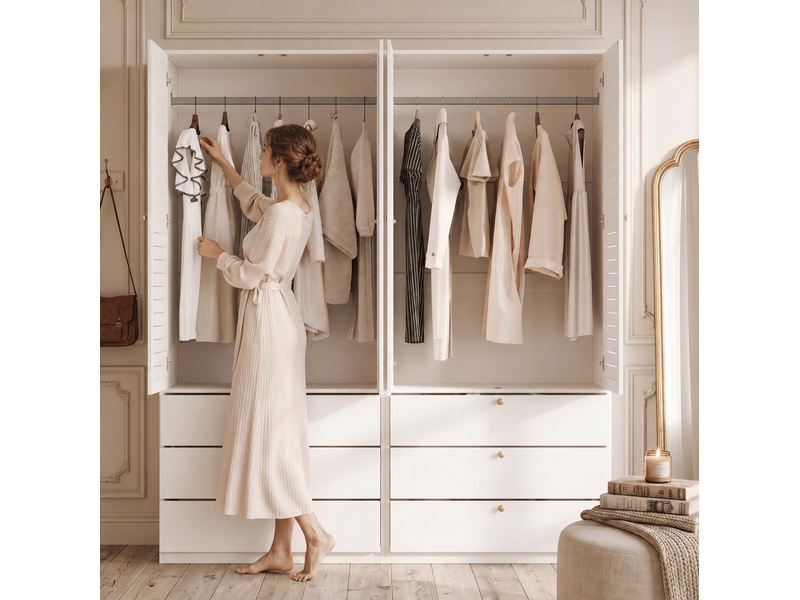  Armoire 4 portes 180x50x200 cm, portes à lamelles, 6 tiroirs, panneau de particules blanc vêtements et dressing, déco  - Conforama E