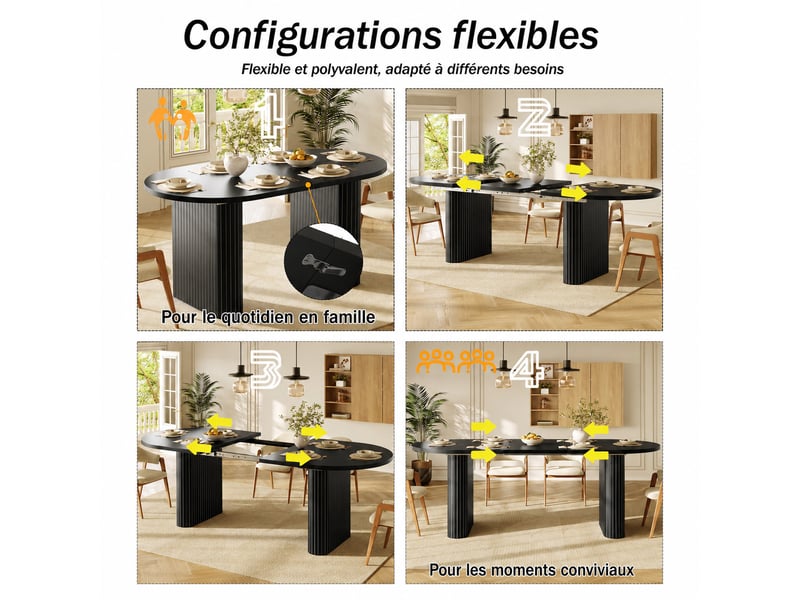 Table à manger ovale extensible 120-160x80x75,5 cm, pieds à relief vertical, mdf et métal, 4 à 6 personnes - noir - Conforama E