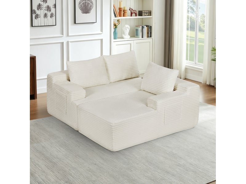  Canapé d'angle compressé en l 238x152x66 cm modulable 3 places, mousse et velours côtelé couleur beige, moderne  - Conforama D