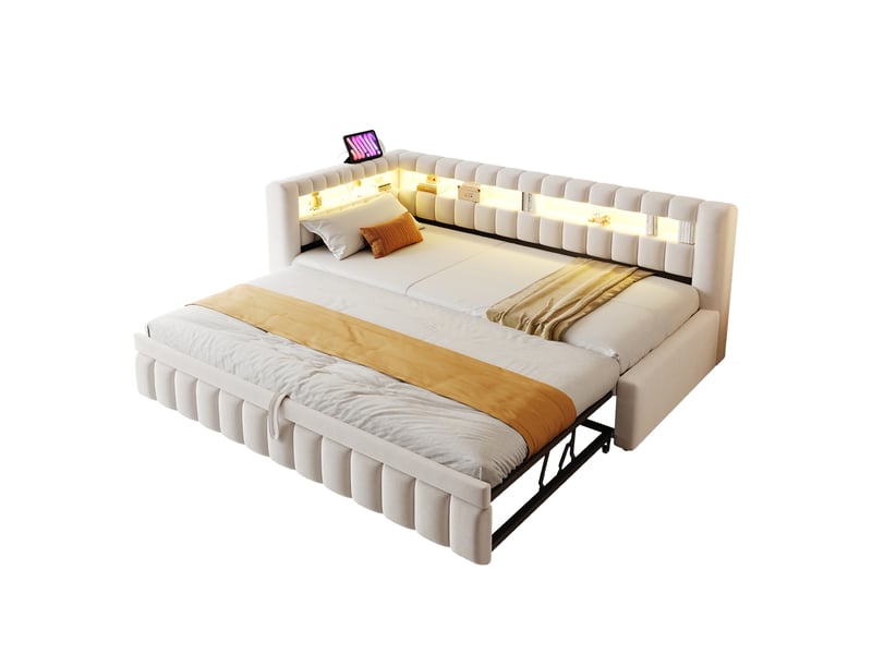 Canapé-lit convertible 90/180x200 cm avec rayures verticales, led et ports usb-c, velours beige, sans matelas - Conforama A