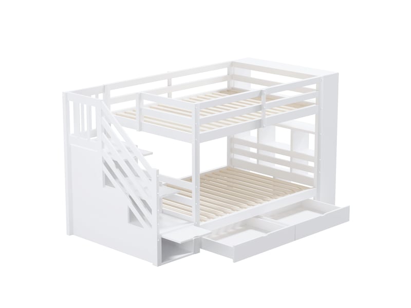  Lit superposé 90x200cm avec escalier sécurisé à rangements, tiroirs et grands compartiments, barrières hautes et sommier à lattes, pin, blanc evarich - Conforama D