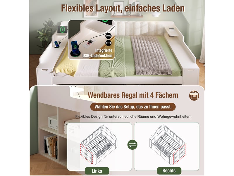 Lit banquette - 140x190 cm - sommier à lattes - 2 tiroirs - rangements intégrés - sur roulettes - prise de charge - blanc CozyNest - Conforama E