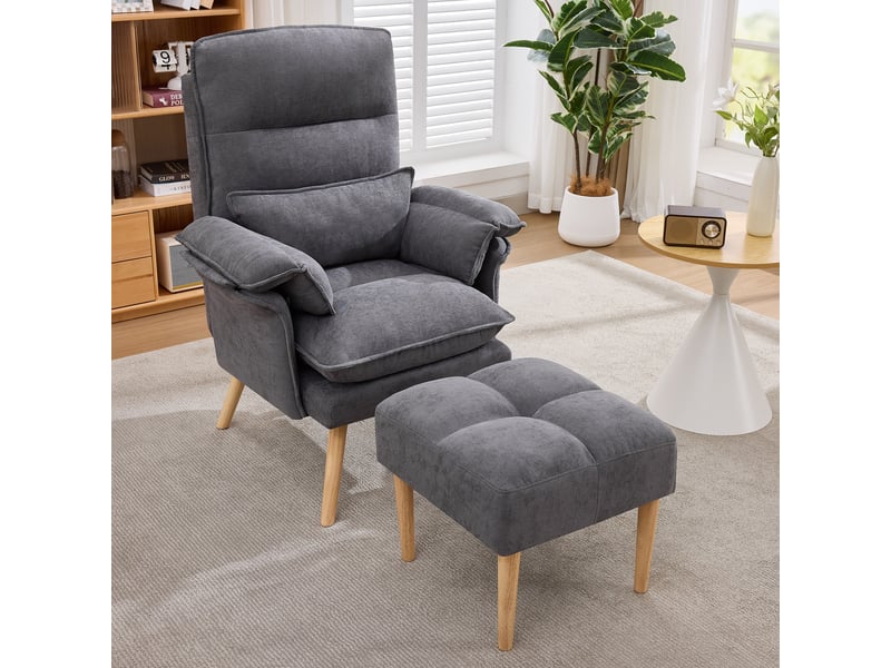 Fauteuil relax avec pouf, dossier réglable 5 positions et coussin d'appui, assise ergonomique en lin gris - Conforama C