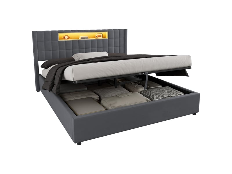  Lit coffre double 180 × 200 cm avec led, recharge usb et type-c, rangement hydraulique, sans matelas, gris  - Conforama A
