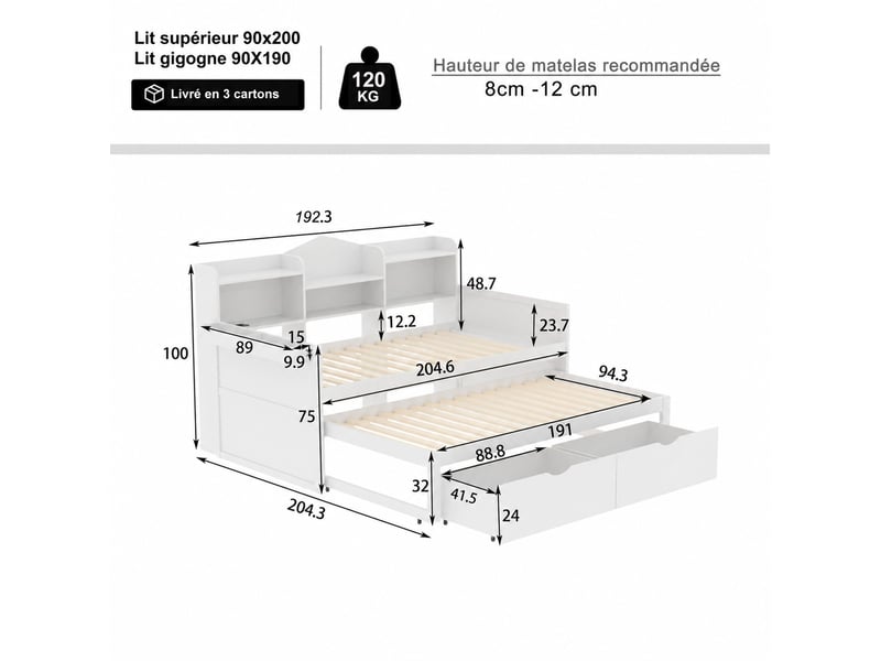 Canapé convertible lit gigogne avec deux tiroirs coffre de rangement panier latéral et prise usb en bois blanc - Conforama D