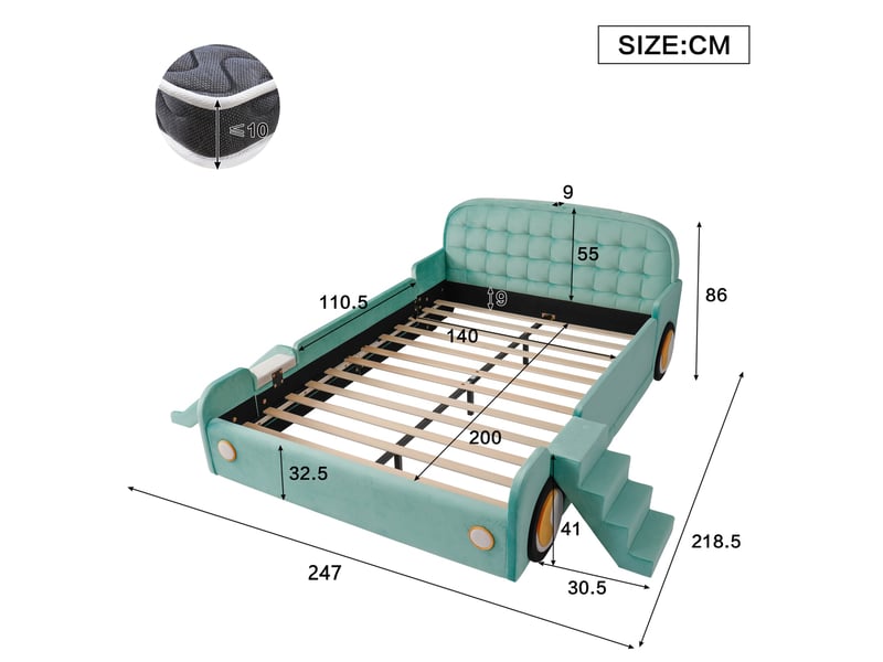 Lit enfant 140x200 cm -lit forme voiture 140x200cm - avec toboggan et escalier interchangeables – velours - bleu vert - Conforama C