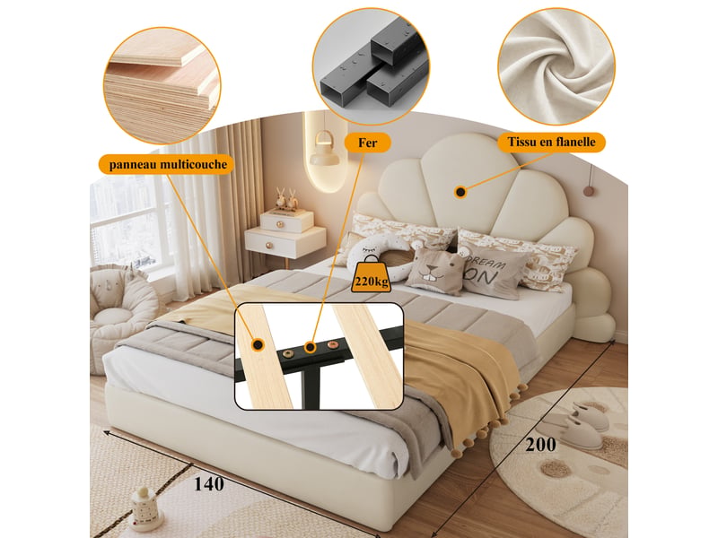  Lit double capitonné 140x200cm, tête pétales, velours beige, cadre moderne, style élégant et confortable  - Conforama E